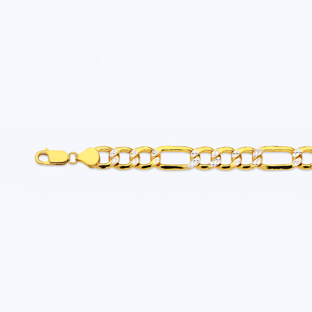 10K 10.5MM YELLOW GOLD HOLLOW PAVE FIGARO 8" CHAIN BRACELET (AVAILABLE IN LENGTHS 7" - 30")