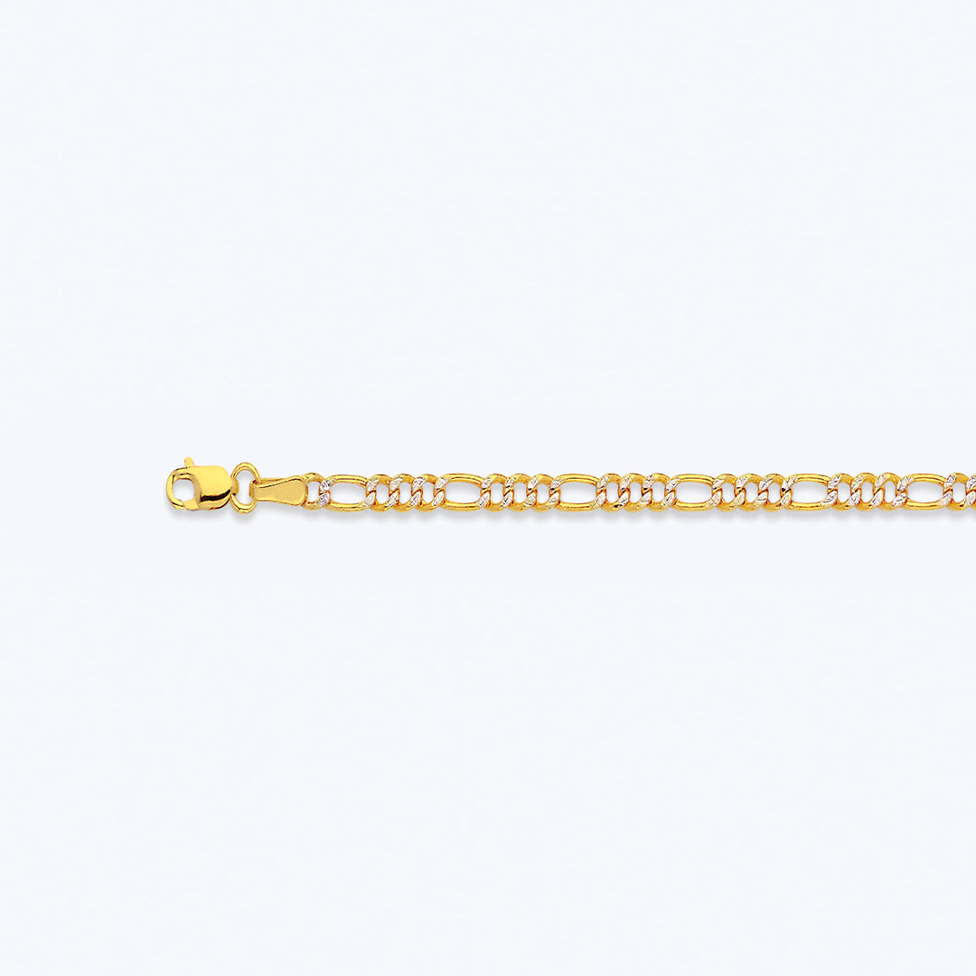 10K 2.5MM YELLOW GOLD HOLLOW PAVE FIGARO 9" CHAIN BRACELET (AVAILABLE IN LENGTHS 7" - 30")