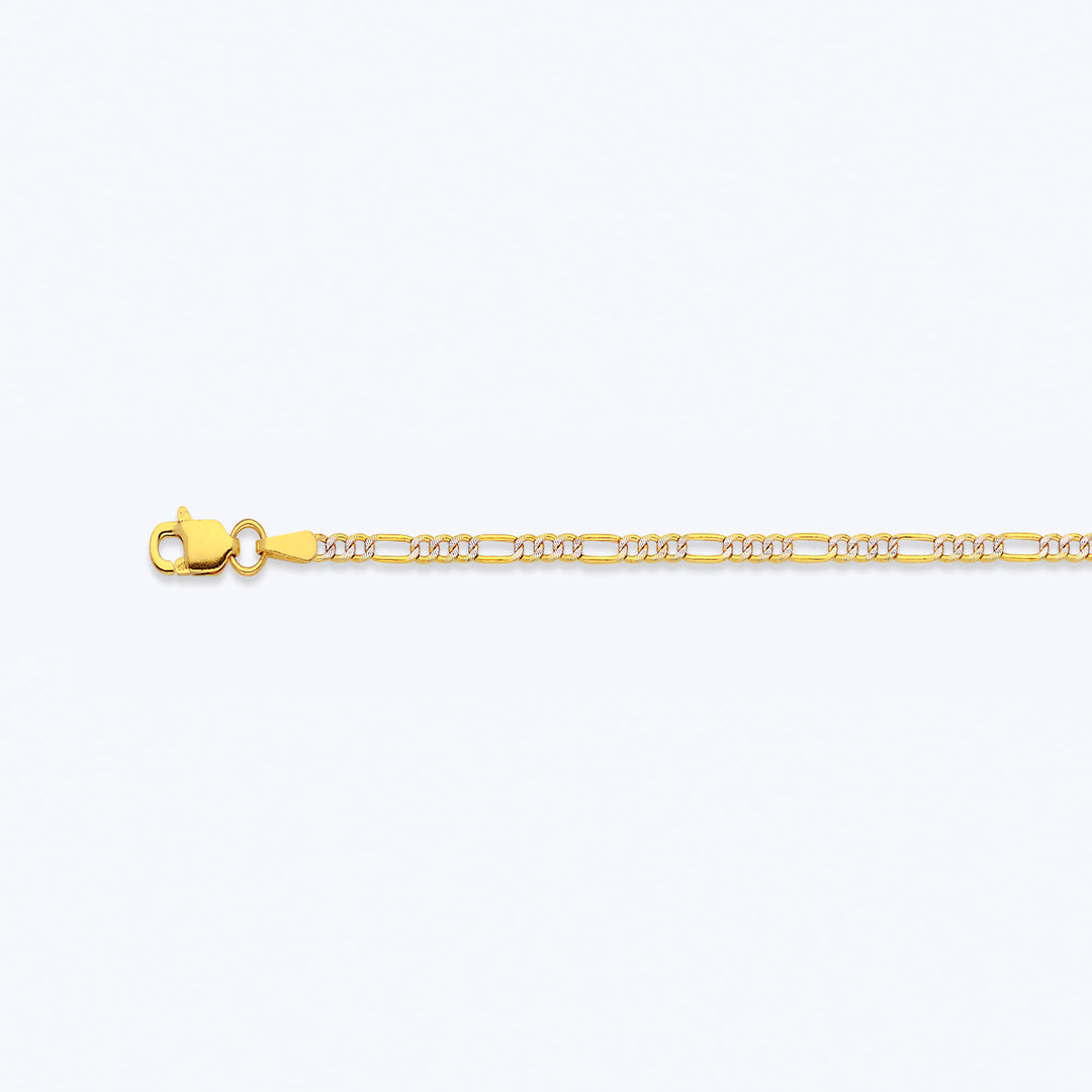 10K 2MM YELLOW GOLD HOLLOW PAVE FIGARO 8" CHAIN BRACELET (AVAILABLE IN LENGTHS 7" - 30")