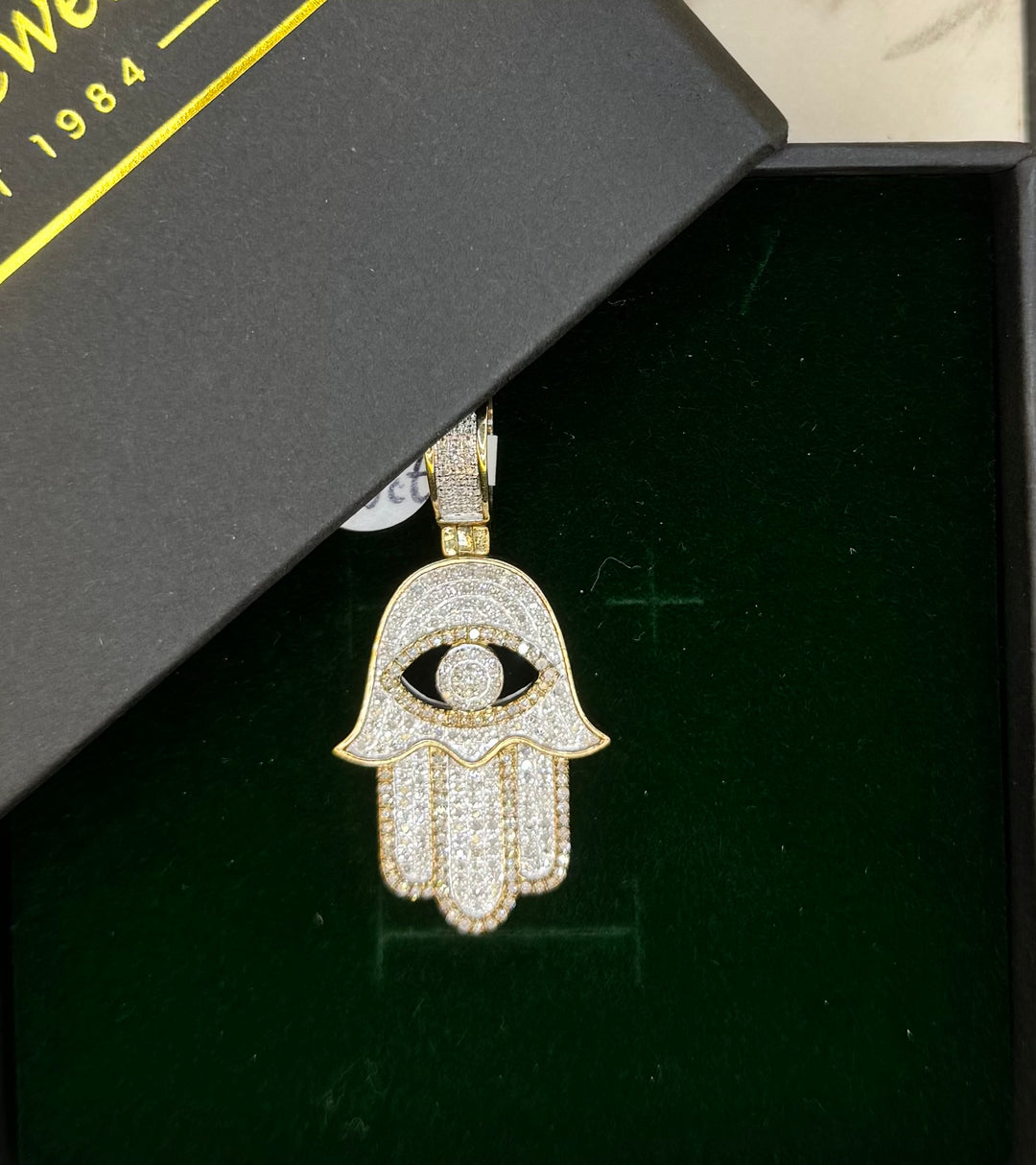10K GOLD WITH DIAMONDS HAMSA HAND WITH EVIL EYE PENDANT
