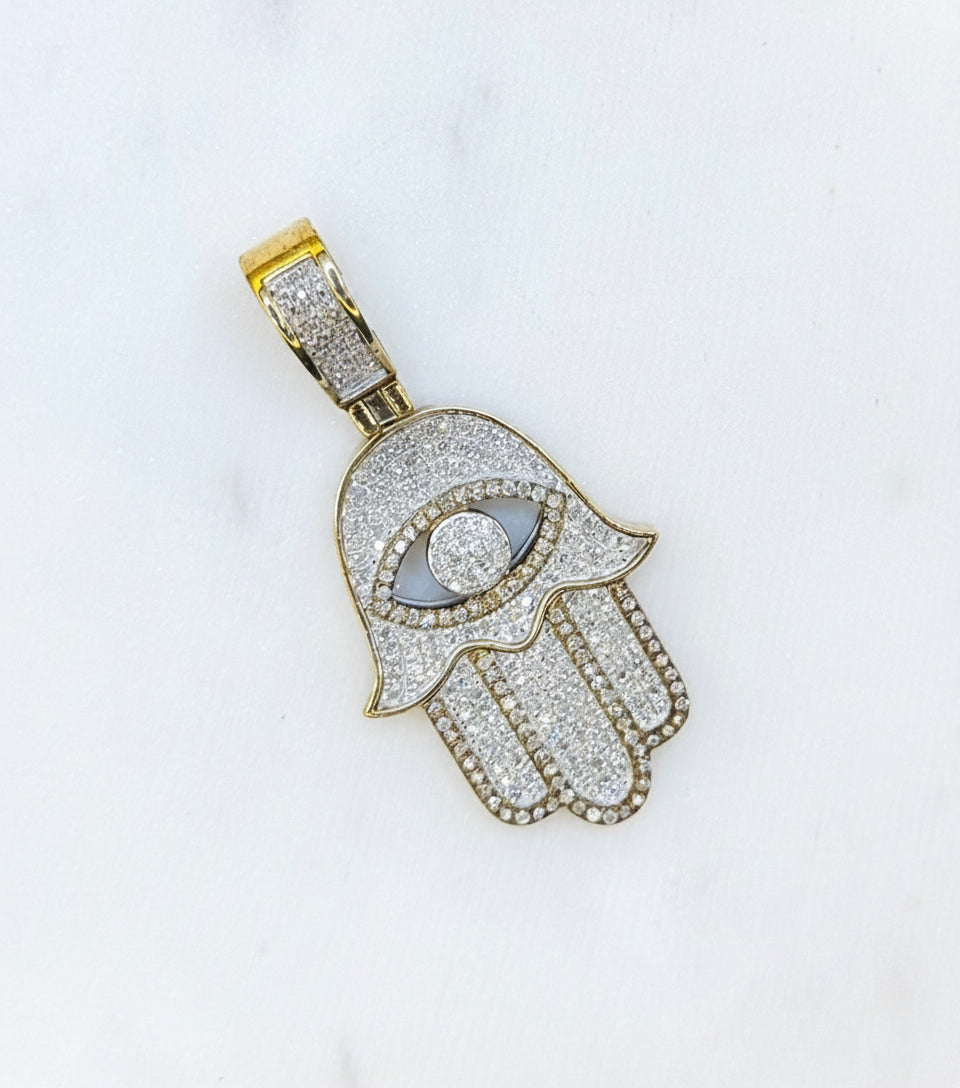 10K GOLD WITH DIAMONDS HAMSA HAND WITH EVIL EYE PENDANT