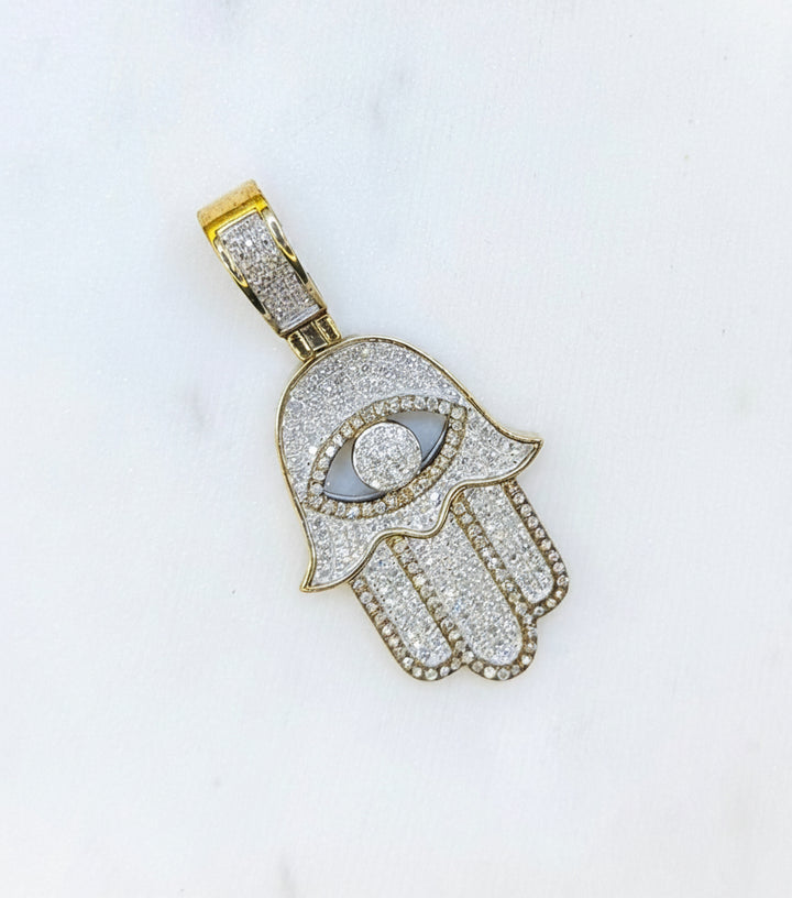 10K GOLD WITH DIAMONDS HAMSA HAND WITH EVIL EYE PENDANT