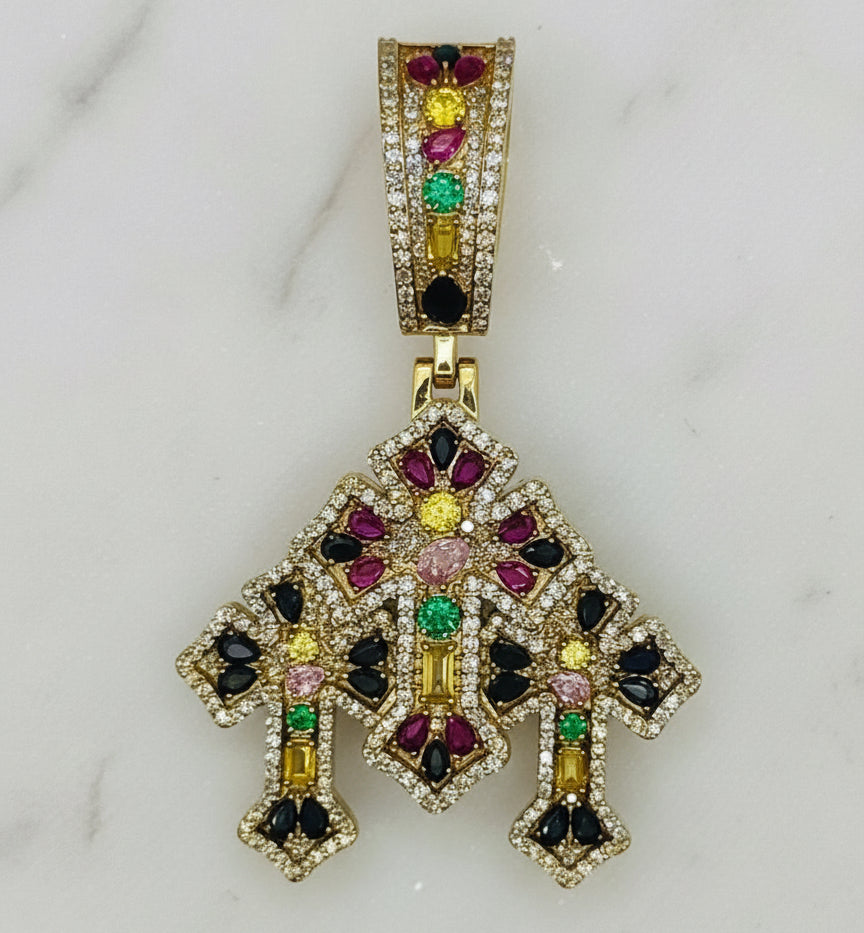 10K GOLD WITH DIAMOND THREE CROSS PENDANT
