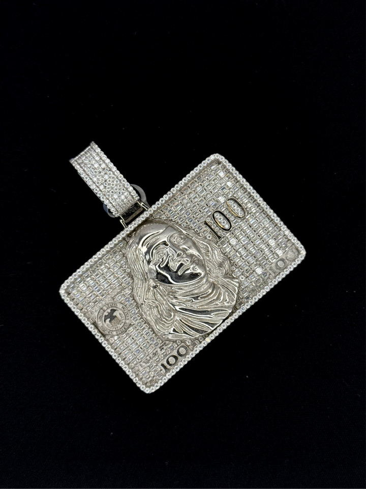 925 SILVER MOISSANITE BAGUETTE 3D 100$ BILL PENDANT