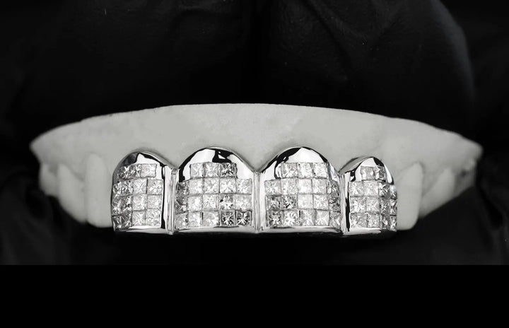 SILVER  MOISSANITE  INVISIBLE SETTING / PRINCESS CUT ICED OUT GRILLZ .
