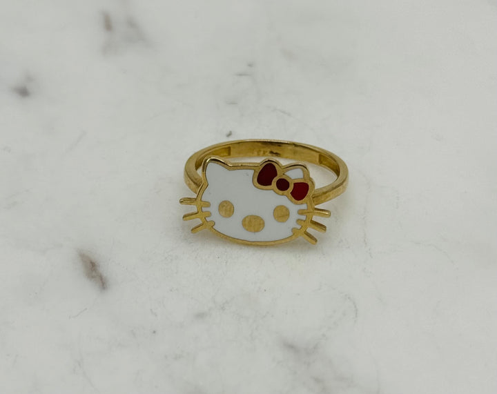 10K GOLD KITTY FACE WITH RED AND WHITE ENAMEL RING