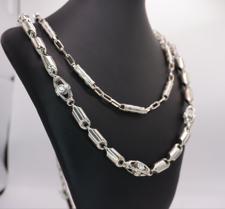 10K WHITE GOLD BARREL LINK NECKLACE