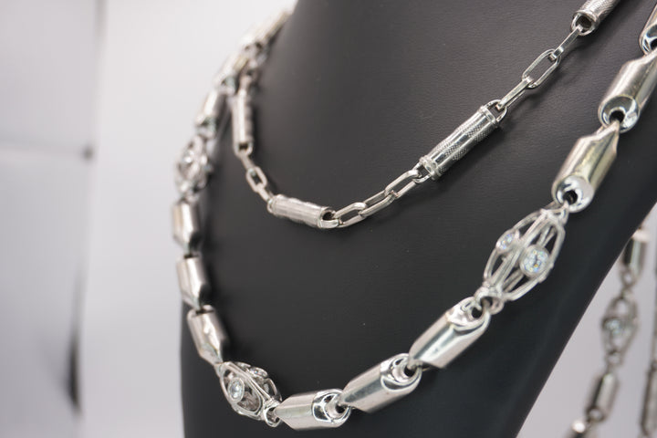 10K WHITE GOLD BARREL LINK NECKLACE