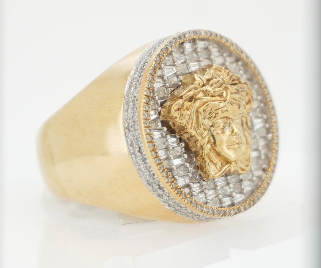 10K YELLOW GOLD 1.40 CTW  DIAMOND MEDUSA HEAD ROUND RING WITH BAGUETTE STONES
