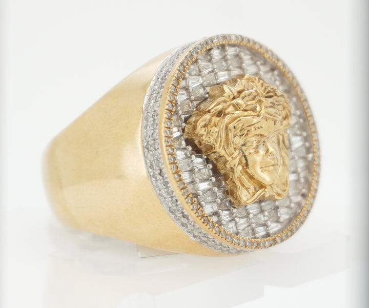 10K YELLOW GOLD 1.40 CTW  DIAMOND MEDUSA HEAD ROUND RING WITH BAGUETTE STONES
