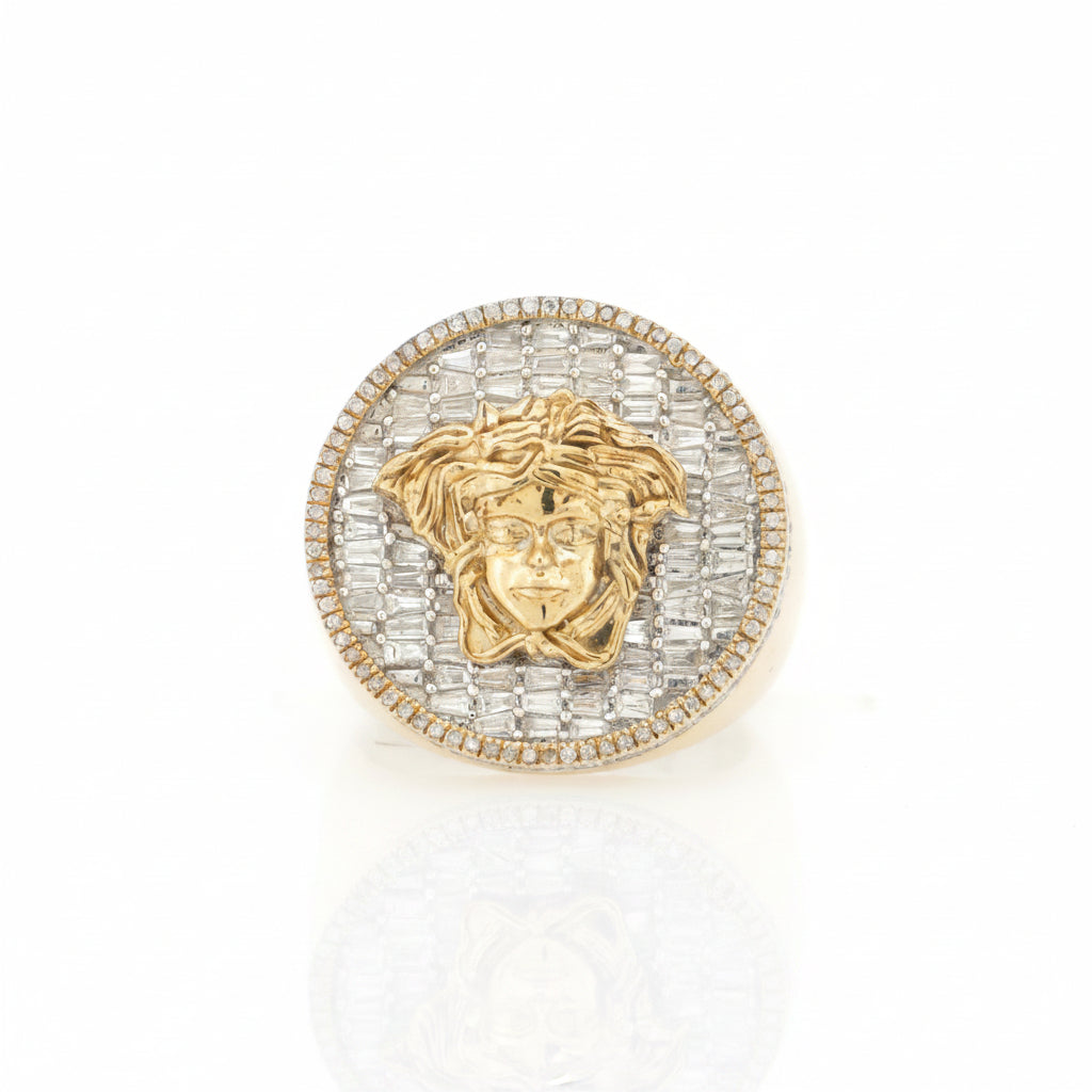 10K YELLOW GOLD 1.40 CTW  DIAMOND MEDUSA HEAD ROUND RING WITH BAGUETTE STONES