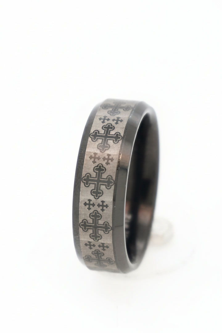 TUNGSTEN WEDDING BAND WITH CROSS PATTERN