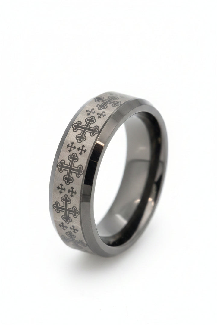 TUNGSTEN WEDDING BAND WITH CROSS PATTERN