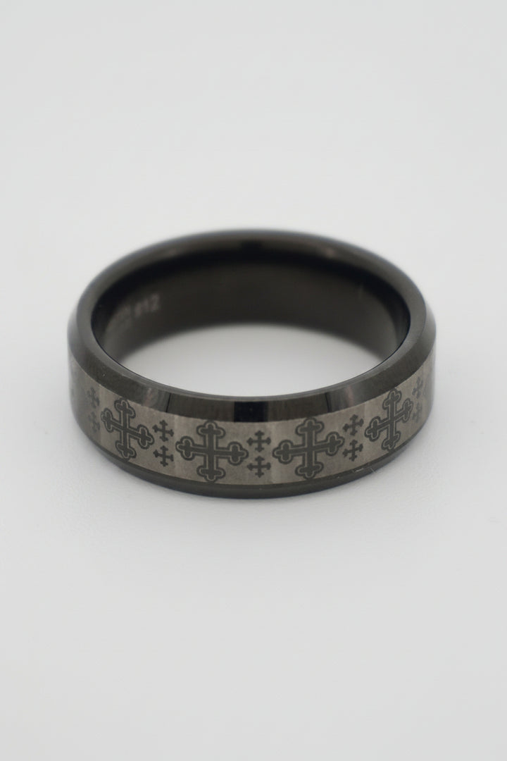TUNGSTEN WEDDING BAND WITH CROSS PATTERN