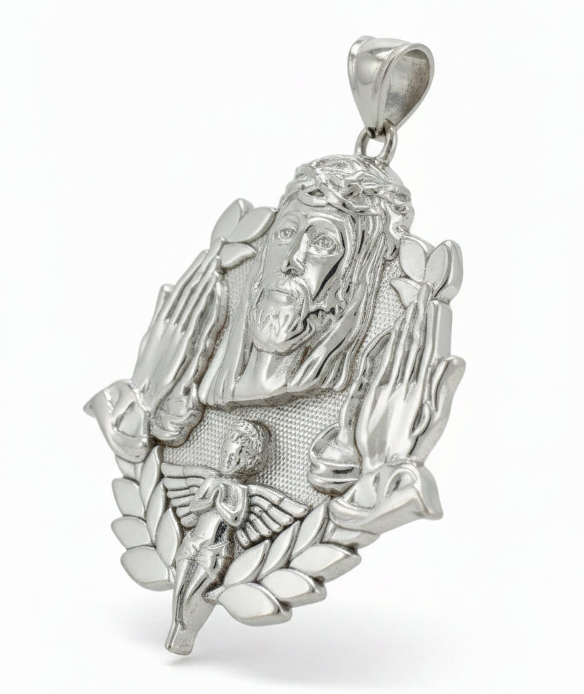 925 SILVER JESUS WITH PRAYING HANDS AND ANGEL PENDANT