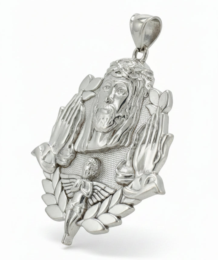925 SILVER JESUS WITH PRAYING HANDS AND ANGEL PENDANT