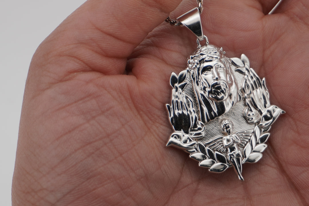 925 SILVER JESUS WITH PRAYING HANDS AND ANGEL PENDANT