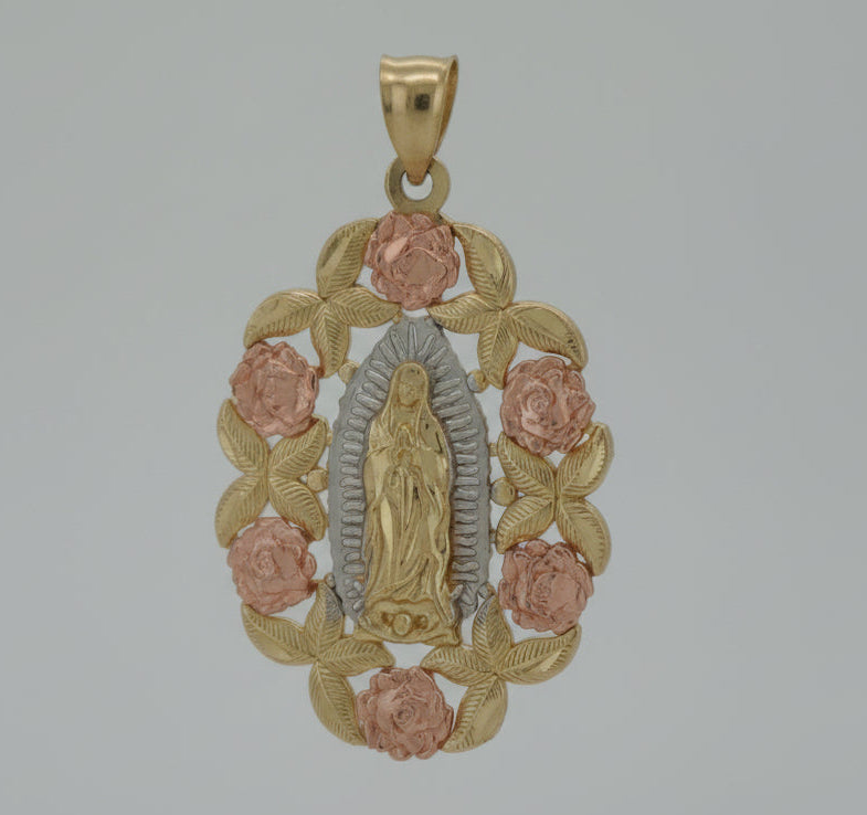 10K YELLOW GOLD VIRGIN MARY WITH ROSE GOLD FLOWER DEISGN PENDANT