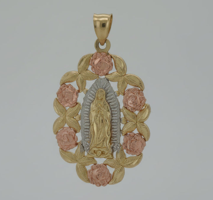 10K YELLOW GOLD VIRGIN MARY WITH ROSE GOLD FLOWER DEISGN PENDANT