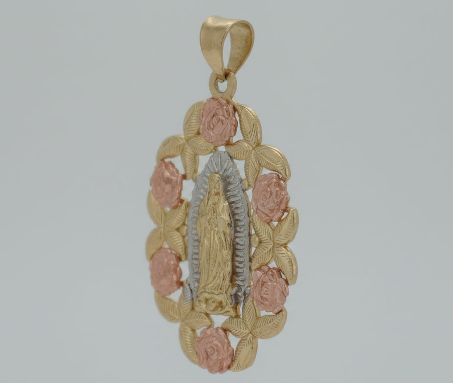 10K YELLOW GOLD VIRGIN MARY WITH ROSE GOLD FLOWER DEISGN PENDANT