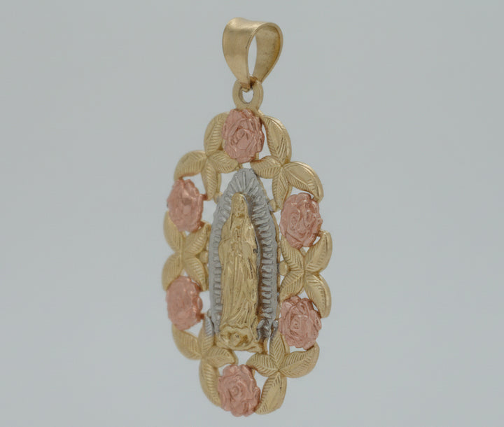 10K YELLOW GOLD VIRGIN MARY WITH ROSE GOLD FLOWER DEISGN PENDANT