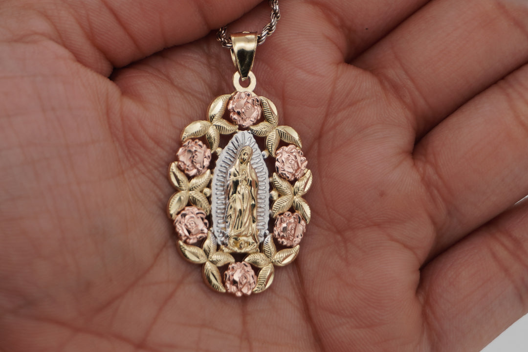 10K YELLOW GOLD VIRGIN MARY WITH ROSE GOLD FLOWER DEISGN PENDANT