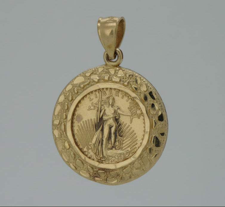 10K YELLOW GOLD LIBERTY WITH NUGGET DESIGN PENDANT