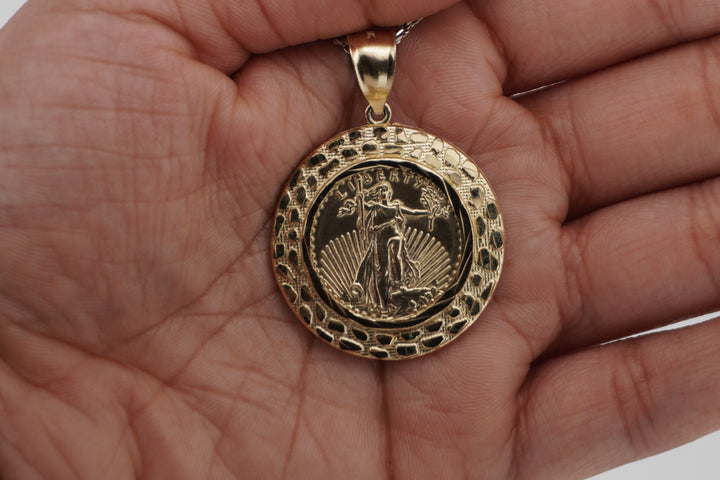 10K YELLOW GOLD LIBERTY WITH NUGGET DESIGN PENDANT