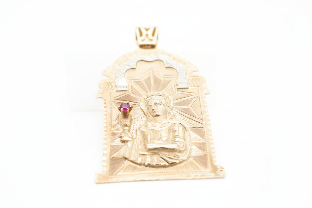 10K YELLOW GOLD SAINT BARBARA PENDANT WITH RUBY STONE