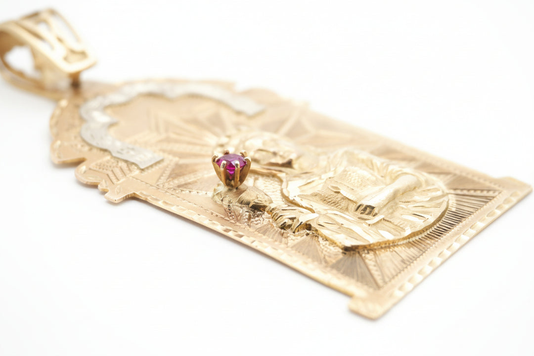 10K YELLOW GOLD SAINT BARBARA PENDANT WITH RUBY STONE