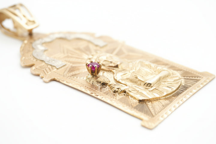 10K YELLOW GOLD SAINT BARBARA PENDANT WITH RUBY STONE