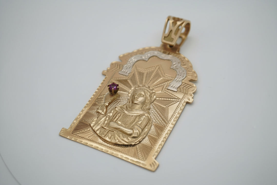 10K YELLOW GOLD SAINT BARBARA PENDANT WITH RUBY STONE