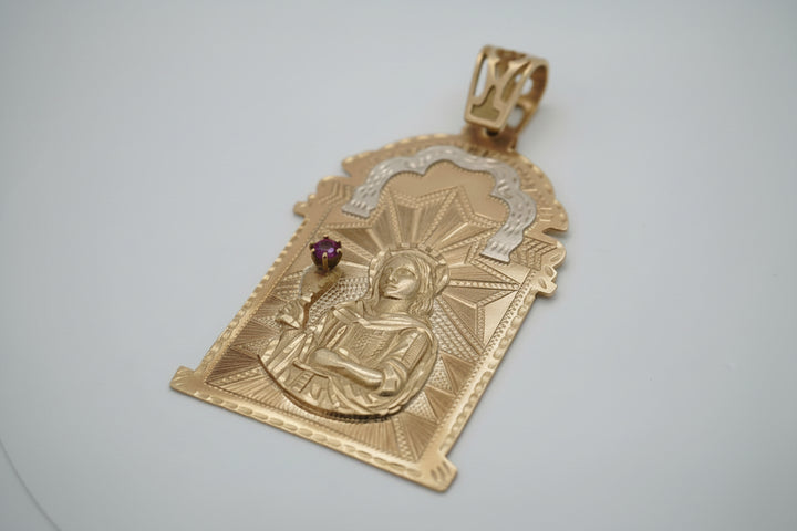 10K YELLOW GOLD SAINT BARBARA PENDANT WITH RUBY STONE