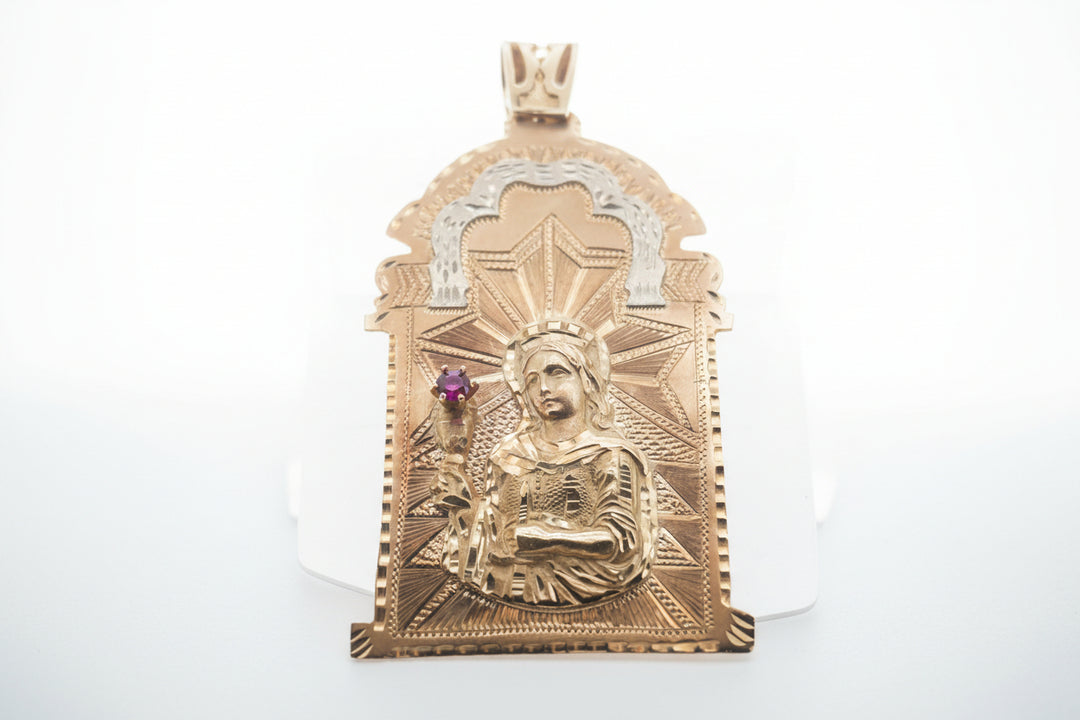 10K YELLOW GOLD SAINT BARBARA PENDANT WITH RUBY STONE