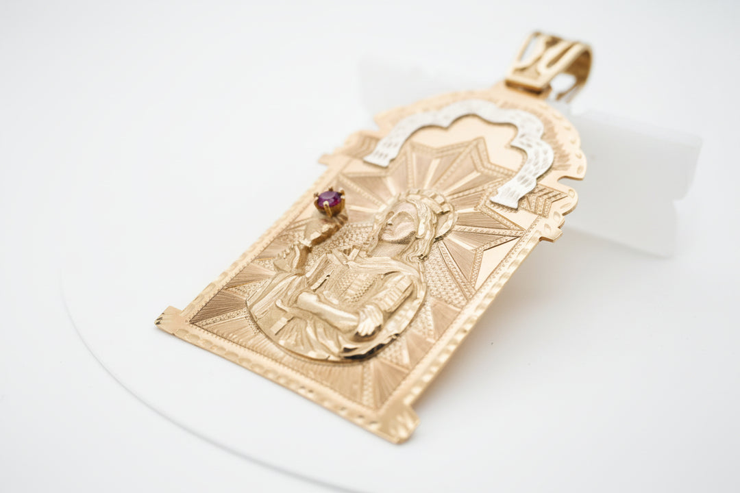 10K YELLOW GOLD SAINT BARBARA PENDANT WITH RUBY STONE