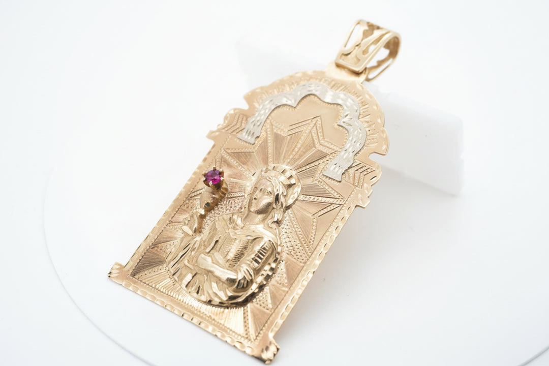 10K YELLOW GOLD SAINT BARBARA PENDANT WITH RUBY STONE