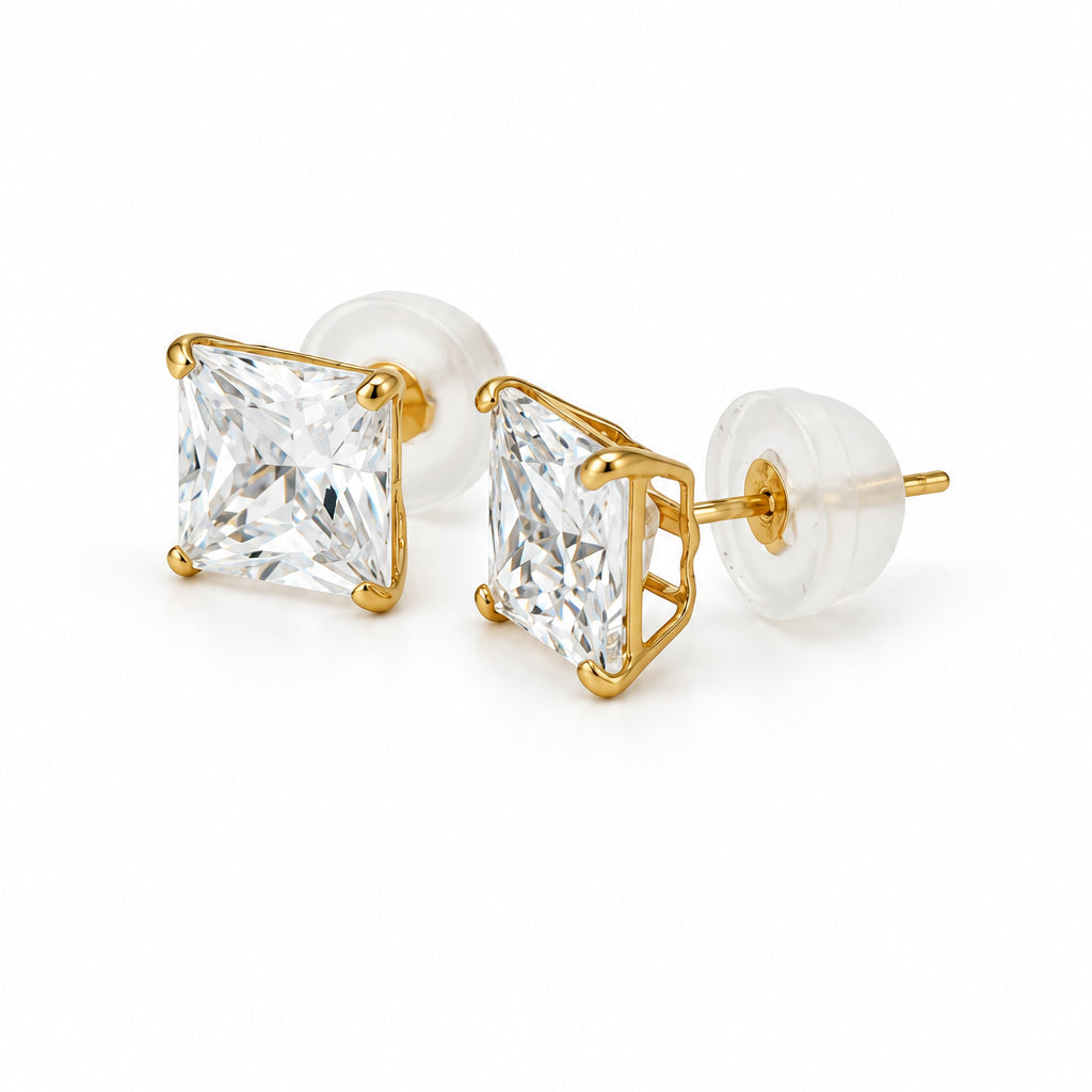 14K YELLOW PRINCESS CUT SQUARE CUT CZ  EARRINGS