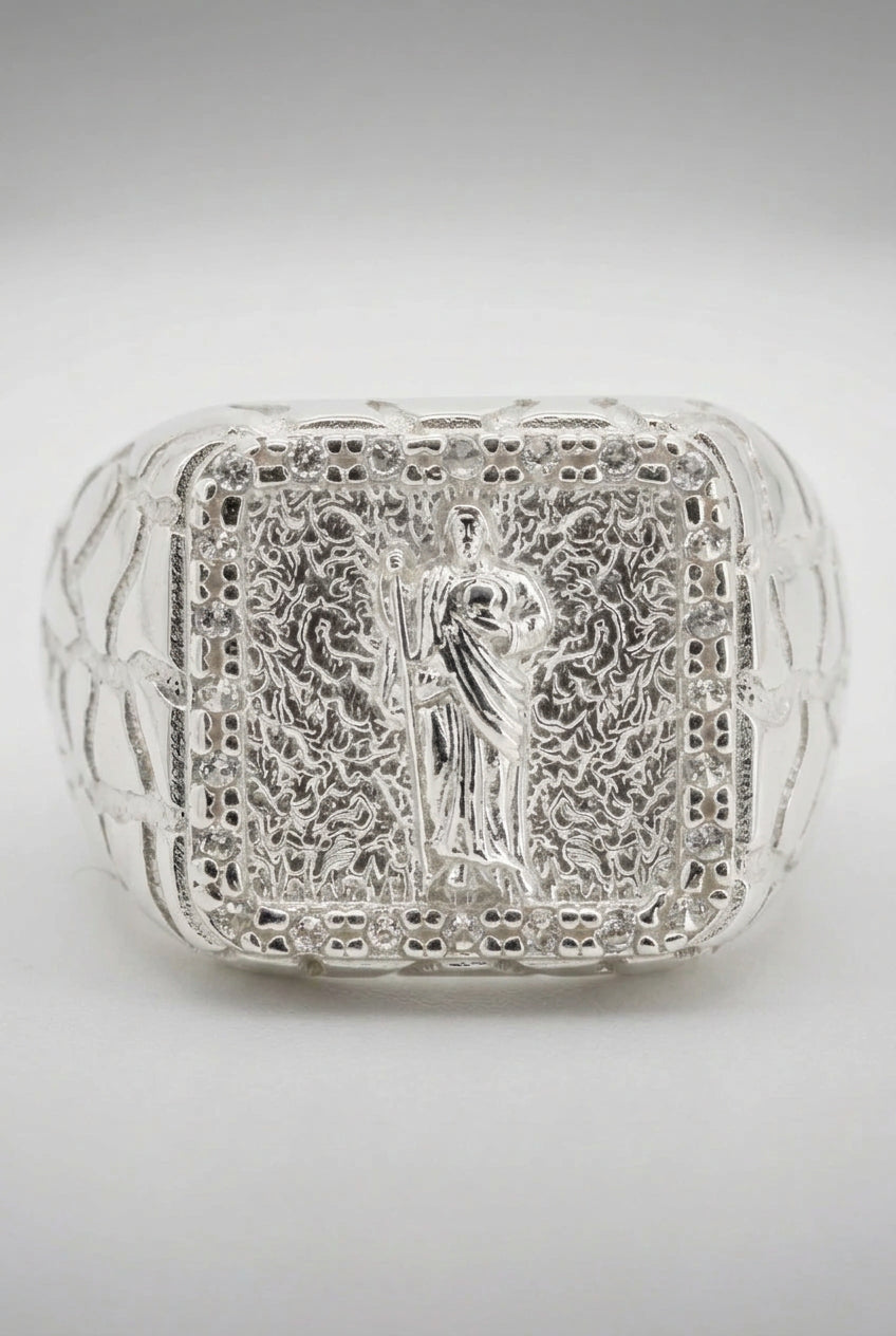 925 STERLING SILVER SAINT JUDE NUGGET MEN'S CZ RING