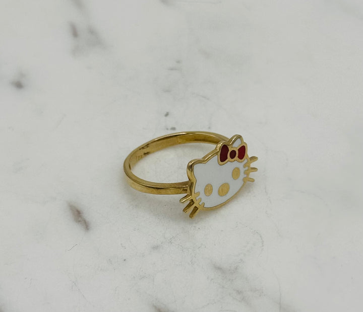 10K GOLD KITTY FACE WITH RED AND WHITE ENAMEL RING