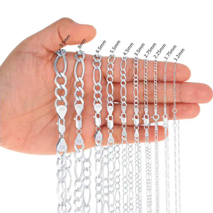 WHITE GOLD SOLID FIGARO CHAIN 10K / 14K WHITE GOLD
