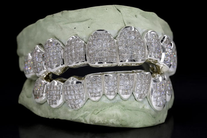 SILVER  MOISSANITE  INVISIBLE SETTING / PRINCESS CUT ICED OUT GRILLZ .