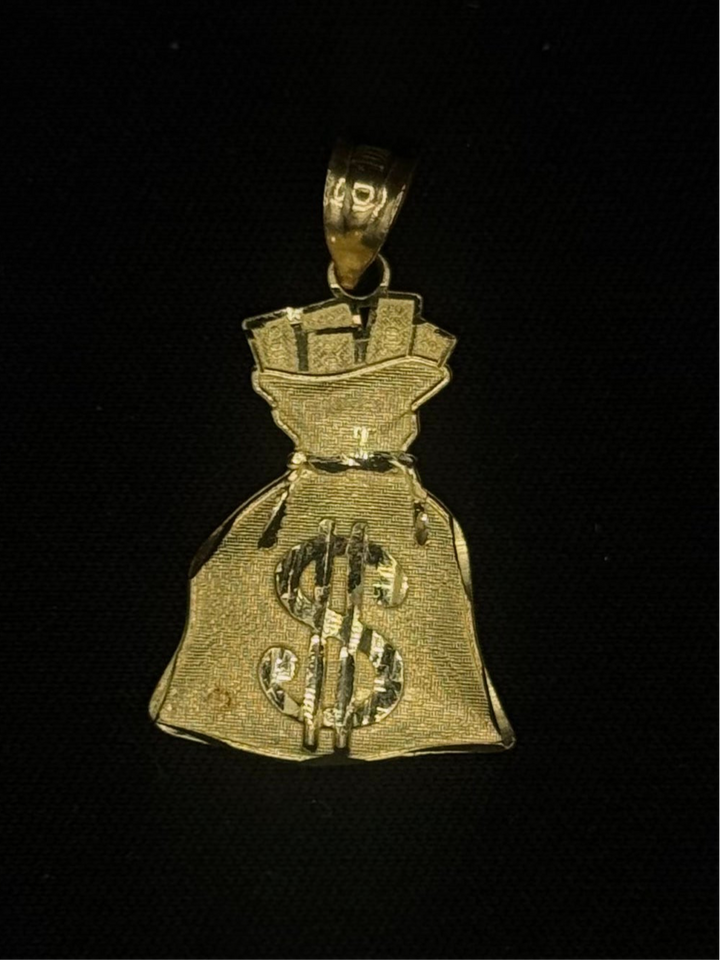 10K GOLD MONEY BAG DIA CUT BORDER PENDANT