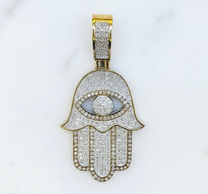 10K GOLD WITH DIAMONDS HAMSA HAND WITH EVIL EYE PENDANT
