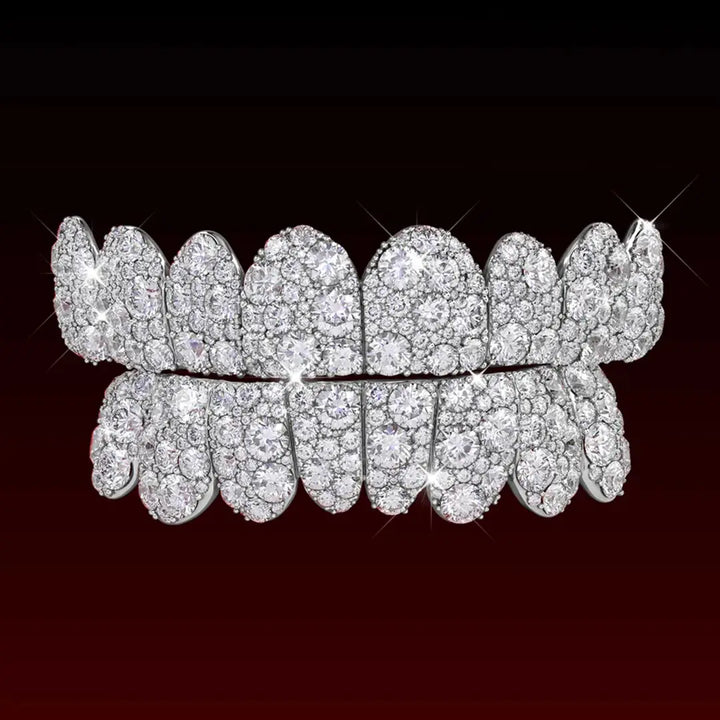 SILVER  MOISSANITE  MOISSAC SETTING STRAIGHT BLOCKY LOOK ICED OUT GRILLZ .