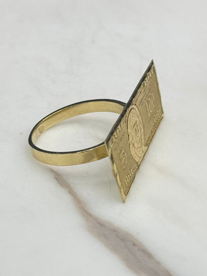 10K GOLD 100 DOLLAR BILL RING