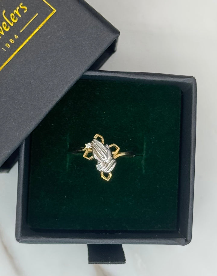 10K GOLD TWO TONE CROSS AND PRAYING HANDS RING