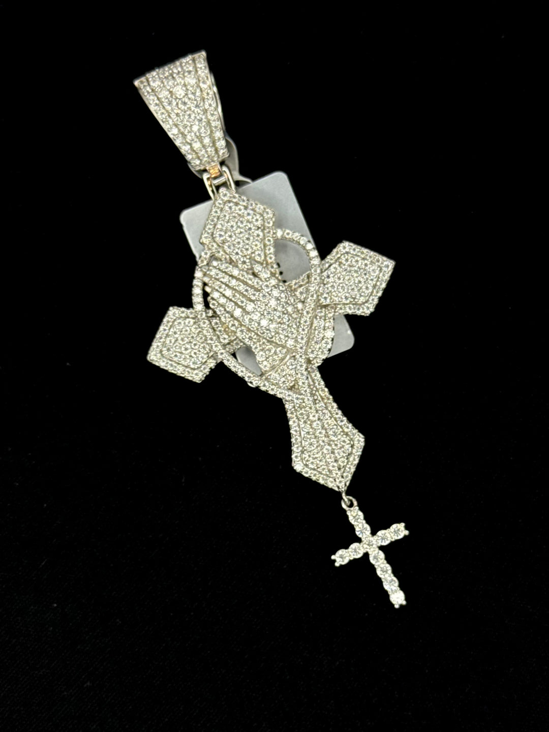 925 SILVER MOISSANITE CROSS PENDANT WITH PRAYING HANDS