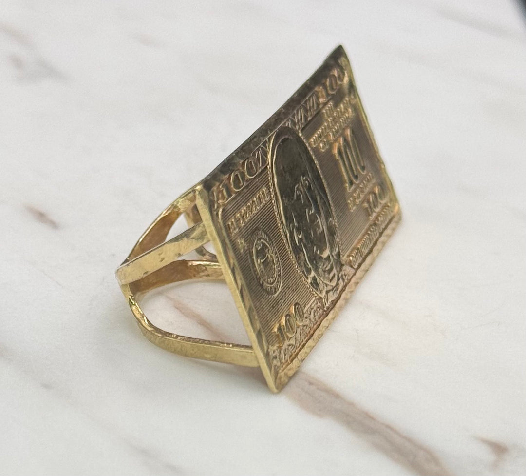 10K GOLD 100 DOLLAR BILL TWO FINGER RING