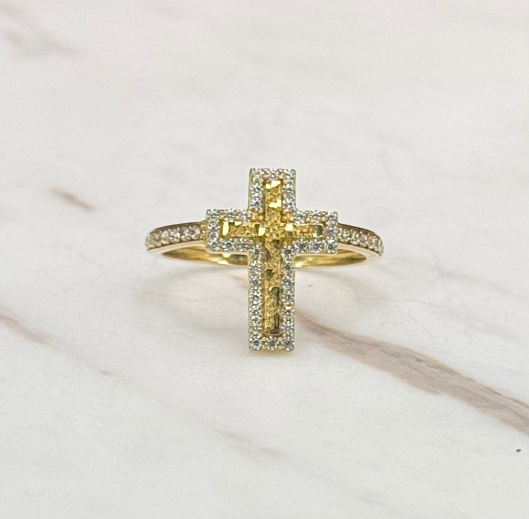 10K GOLD CZ NUGGET CROSS RING