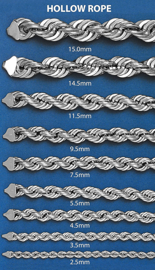 WHITE GOLD SEMI SOLID ROPE CHAINS 10K / 14K WHITE GOLD
